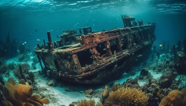 Приключение с аквалангом исследует затонувший риф кораблекрушения, созданный искусственным интеллектом