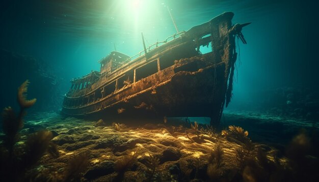 Приключение с аквалангом исследует руины затонувшего корабля под водой, сгенерированные искусственным интеллектом