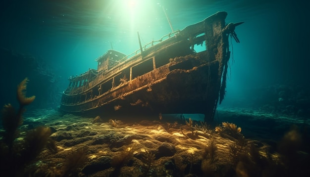 Scuba diving adventure explores sunken shipwreck ruins underwater generated by AI