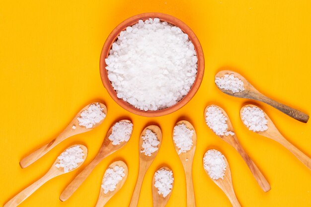 Sea salt in wooden spoons and bowl