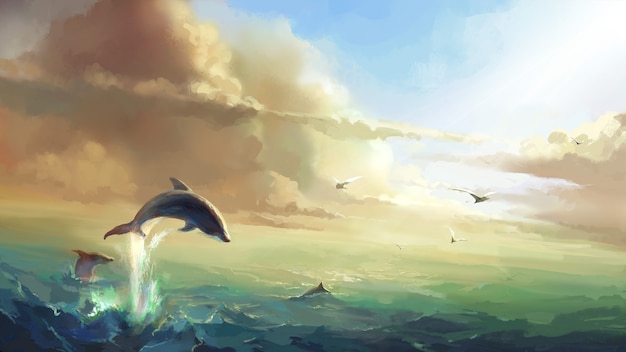 太陽の下の海、ジャンプするイルカのイラスト。