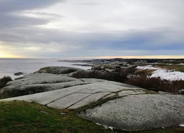 ノルウェーの日没時に曇り空の下で枝に覆われた岩に囲まれた海