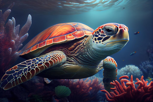 Free photo sea turtle under water natural sea life with corals 1