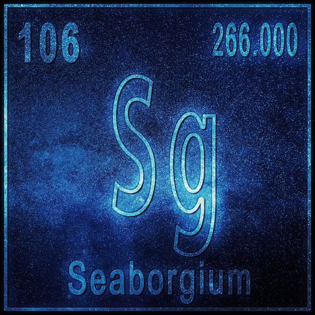Foto gratuita elemento chimico seaborgium, segno con numero atomico e peso atomico, elemento tavola periodica