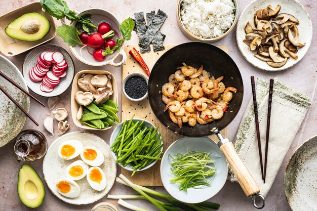 Seafood dish with egg and prawn flat lay photography