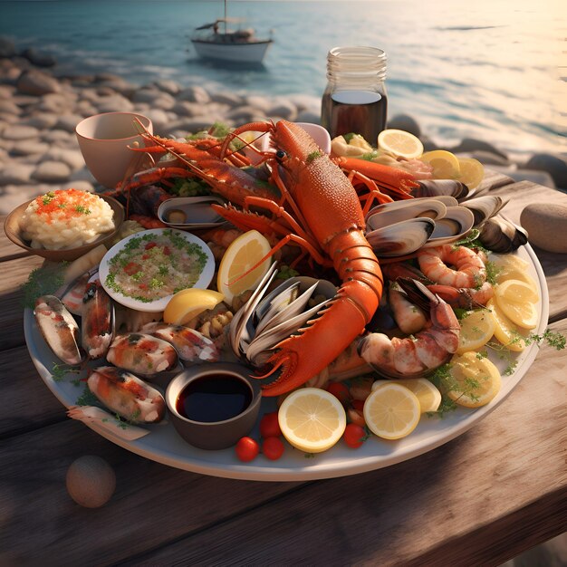 Seafood platter with shrimps prawns mussels squid shrimp crab squid and lemon on wooden table at sunset