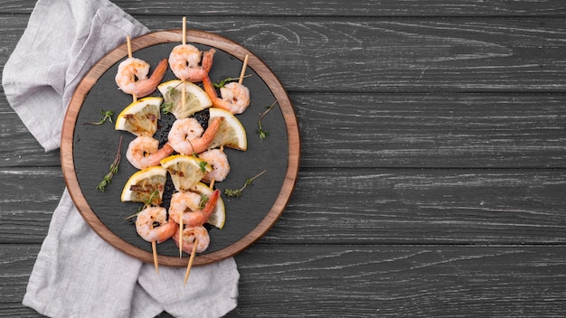 Seafood shrimp skewers copy space