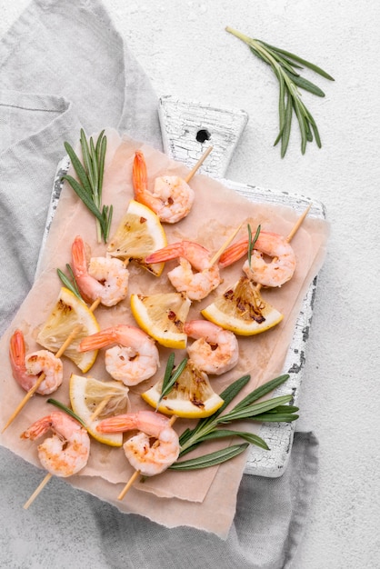 Seafood shrimp skewers and herbs