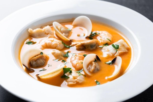 Seafood Soup Plate on Black Slate Background