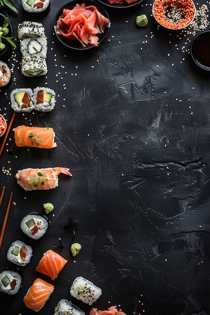 Piatto di sushi di frutti di mare con dettagli e semplice sfondo nero