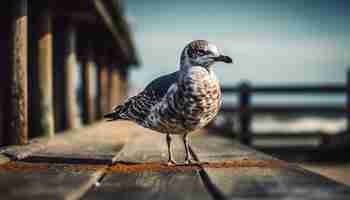 Foto gratuita un gabbiano in piedi sul molo che si gode la libertà in un tranquillo paesaggio sul mare generato dall'intelligenza artificiale