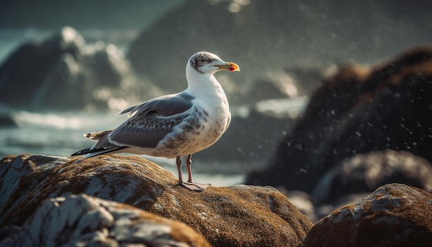 Foto gratuita gabbiano in piedi su una roccia che guarda il mare generato dall'intelligenza artificiale