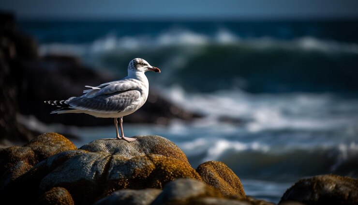 Free Photo seagull standing on rock watching the sunset generated by ai