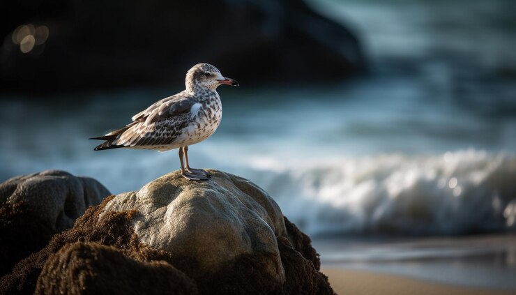 Free Photo seagull standing on rock at water edge generated by ai