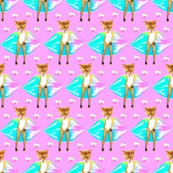 Seamless minimal fashion pattern. sexy clubbing cat. use for t-shirt, greeting cards, wrapping paper, posters, fabric print. collage art