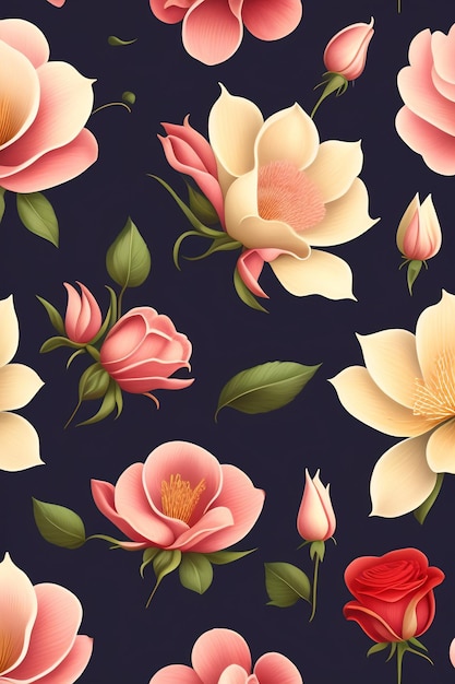 A seamless pattern of flowers with a green leaf on a dark background.