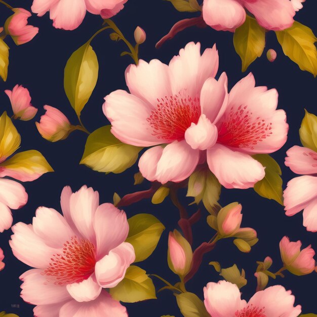 A seamless pattern of pink flowers on a dark blue background.