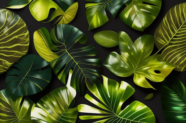 A seamless pattern of tropical leaves on a black background