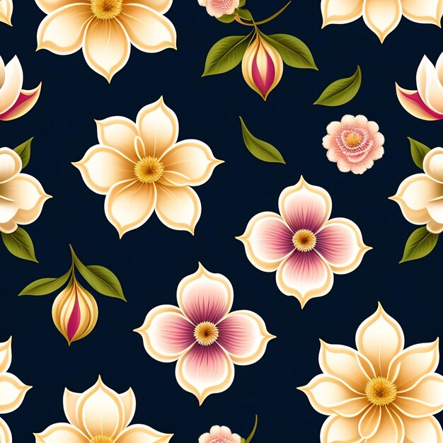 A seamless pattern with flowers on a dark blue background.