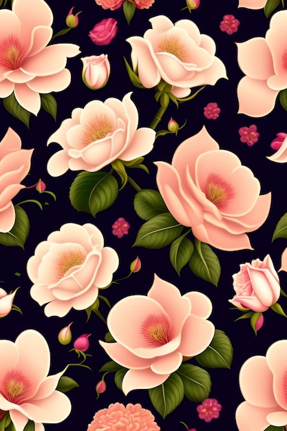 A seamless pattern with pink roses on a dark background.
