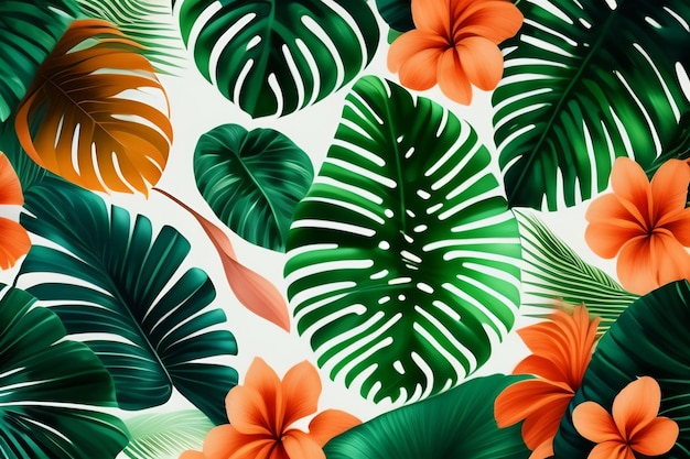 A seamless pattern with tropical leaves and flowers