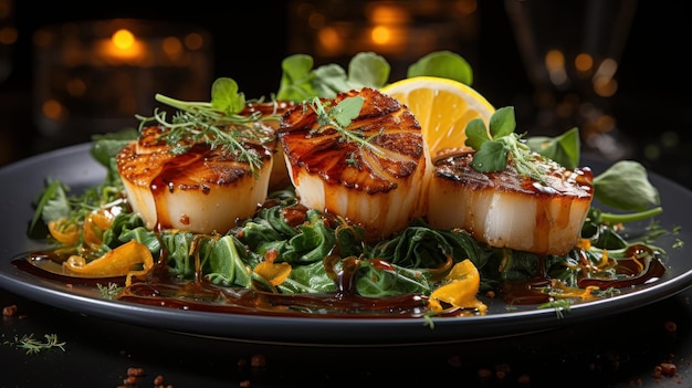 Free photo seared scallops with asparagus present a dish of refined taste