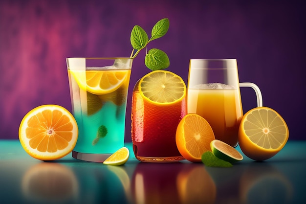 Выбор различных напитков на фиолетовом фоне