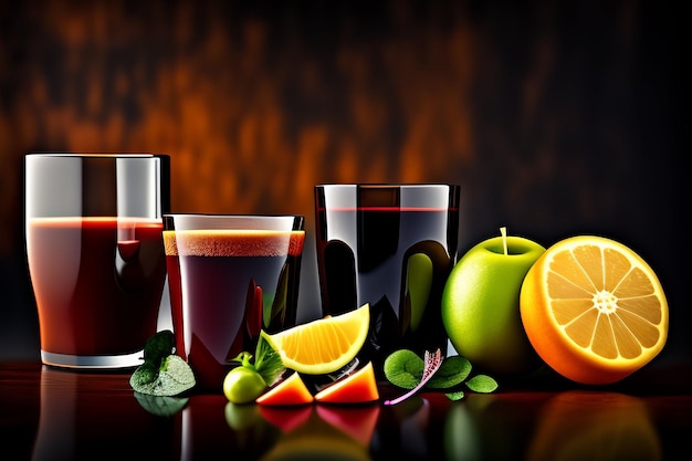 A selection of drinks on a table with a green apple and oranges