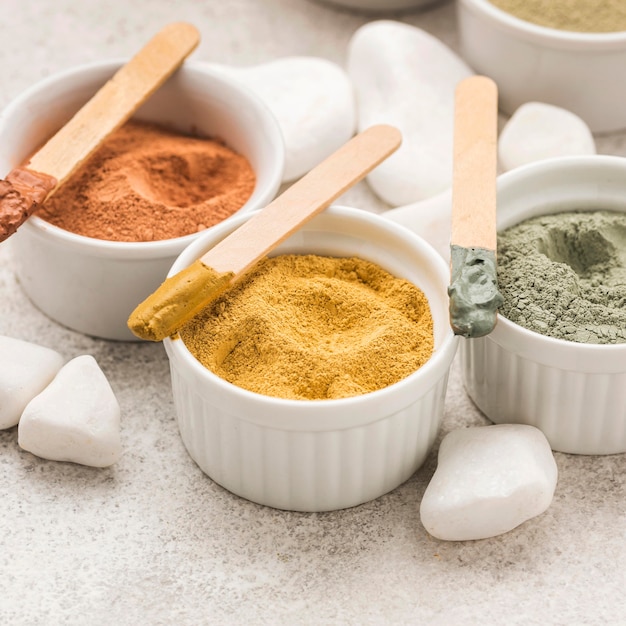 Selection of fine powders in bowls