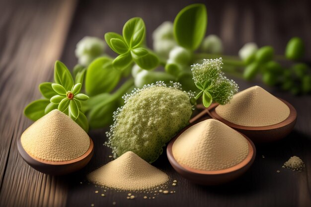 A selection of spices on a table with a green leaf next to them.