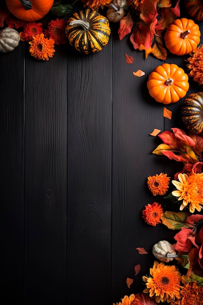 Selection of various pumpkins on dark wooden background with copy space Autumn vegetables and seasonal decorations