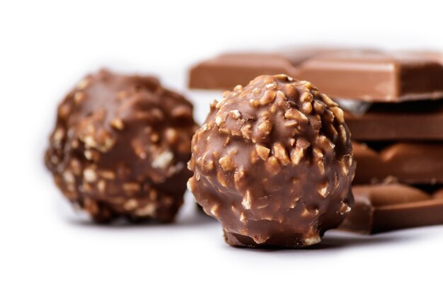 Selective focus of chocolate bonbons covered with nuts with chocolate bars
