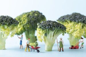 selective focus closeup of a toy people and broccoli on blue background-concept farmers  working