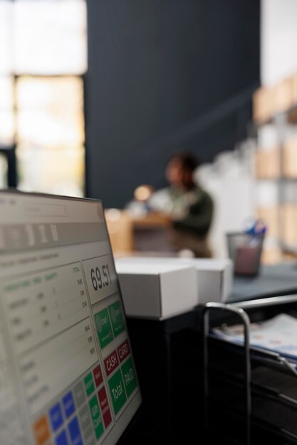 Selective focus of computer with online customers orders, in background african american manager preparing packages. Storage room employee working at merchandise inventory in storehouse