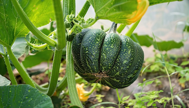 Free photo selective focus green pumpkin tree in garden