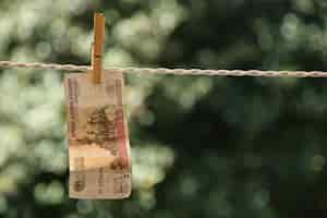 Free photo selective focus shot of a banknote hung from a wire with a clothespin