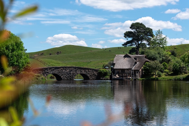 Selective focus shot of a bridge over the water with a house in the distance