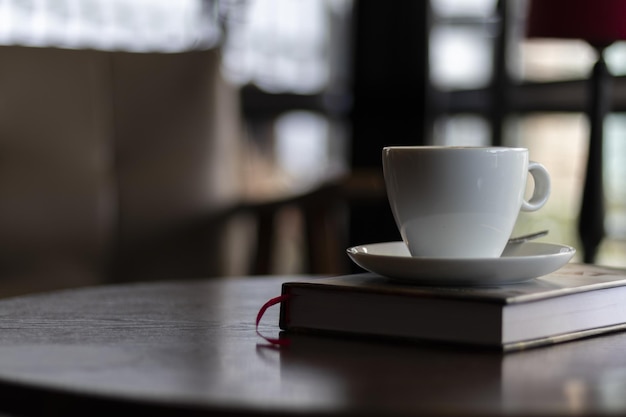 Selective focus shot of a cup of cappuccino with a plate on a cafe table