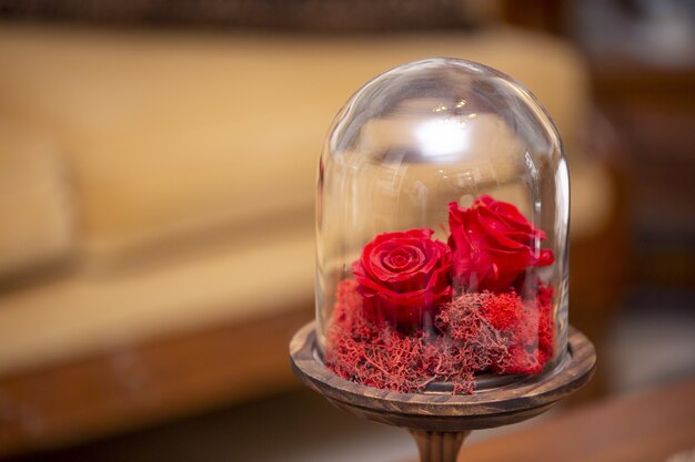 ガラスの地球儀の装飾的な小さな赤いバラの選択的なフォーカスショット