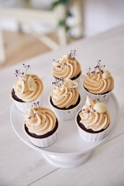 Selective focus shot of delicious chocolate cupcakes with white cream topping