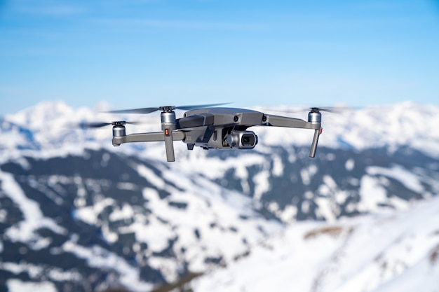 Selective focus shot of a drone flying high