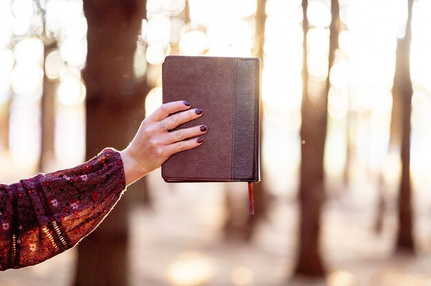 Selective focus shot of a female hand holding a journal