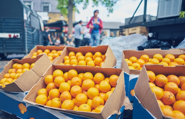 Selective focus shot shot of boxes of oranges in an open air market