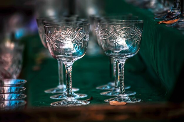 Selective focus shot of the vintage wine glasses