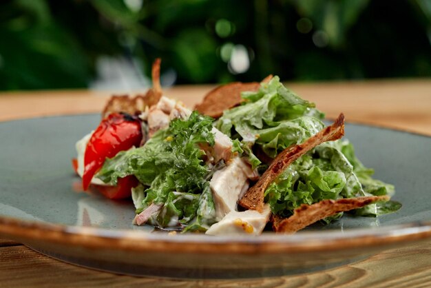 Selective focus of tasty healthy salad lying on plate