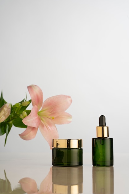 Selfcare products with flower arrangement