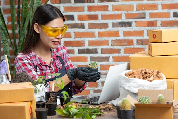 온라인으로 식물 판매 식물의 냄비를 들고 노트북에 고객과 연결하는 여자