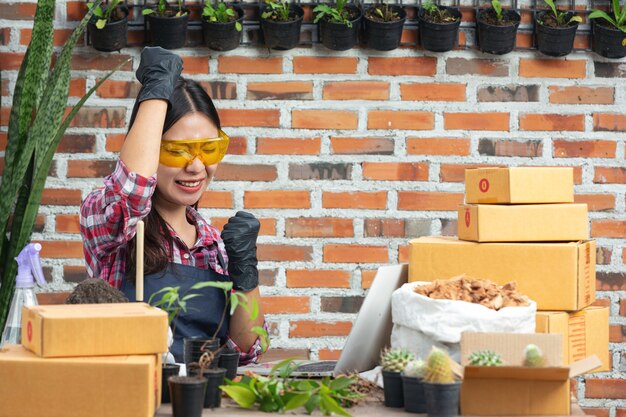 Selling plant online; women being glad while using laptop