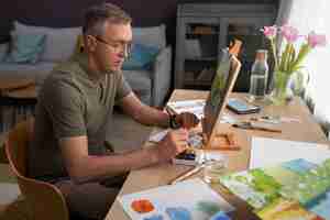 Free photo senior artist in the studio painting with watercolor