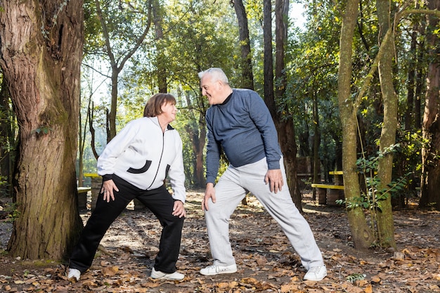 Senior couple doing warm-up exercises together